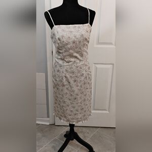 New Tailor B.Moss Floral Dress 8 Taupe Pink Spaghetti Strap Lined Party Cocktail